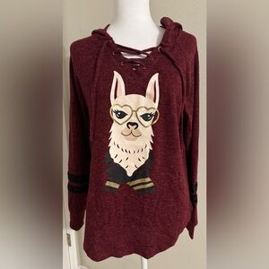 NWOT No Boundaries Burgundy Hoodie with Llama Design